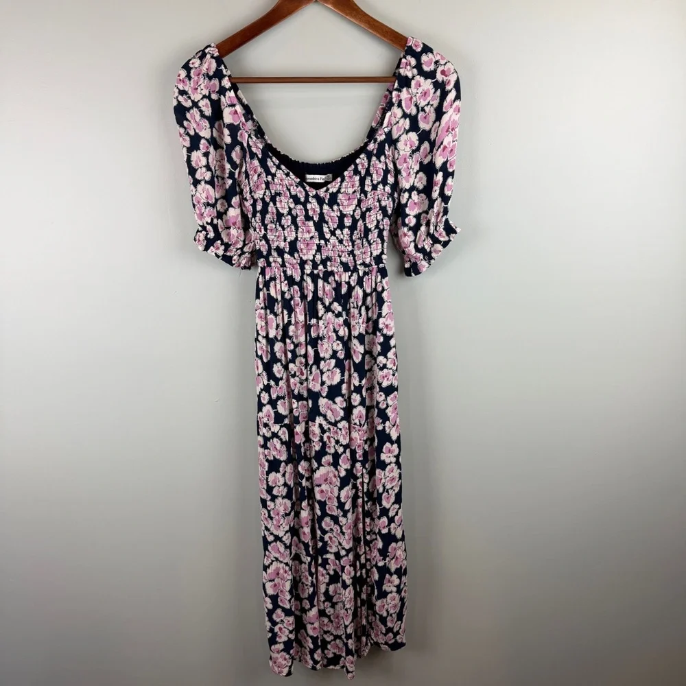 Abercrombie & Fitch Pink & blue Floral Smocked bust Midi Dress w/ leg slit XS